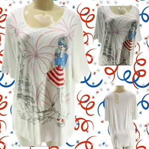 Colortree XL White Fireworks Lady Liberty Girl Graphic Studded Short Sleeve Top